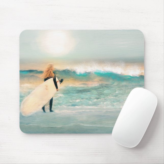 Surfer Girl Beach Waves Mouse Mat (With Mouse)