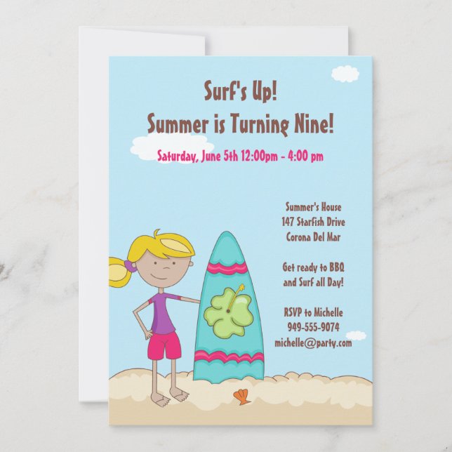 Surfer Girl Birthday Party Invitation (Front)