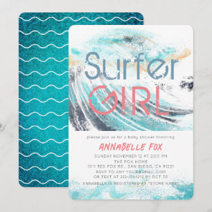 Surfer Girl Blue Wave Splash Surfing Baby Shower Invitation