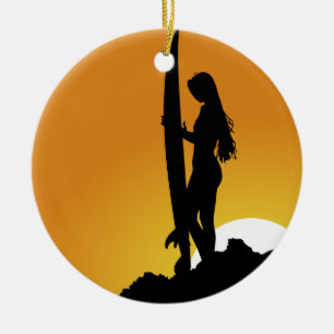 Surfer girl Silhouette Ceramic Tree Decoration