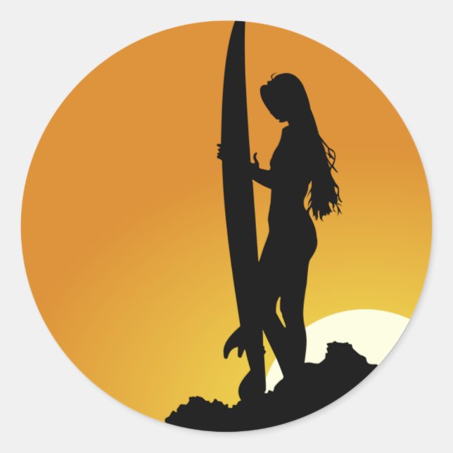 Surfer girl Silhouette Classic Round Sticker (Front)