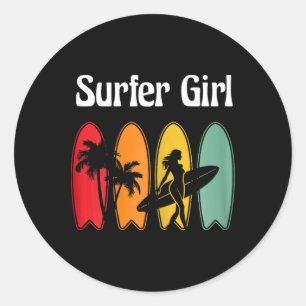 Surfer Girl Surfboard Surfing Women Retro Classic Round Sticker