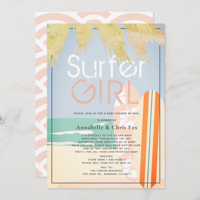 Surfer Girl Surfboards Beach Baby Shower by Mail Invitation (Front/Back)