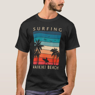 Surfer Girl Surfing Waikiki Beach Hawaiian Sunset  T-Shirt