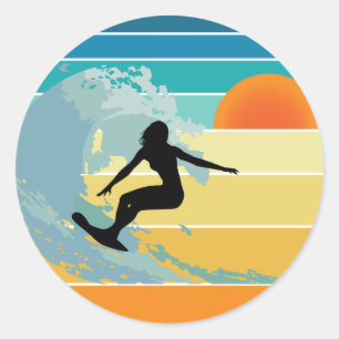 Surfer Girl Vintage Sunset Classic Round Sticker