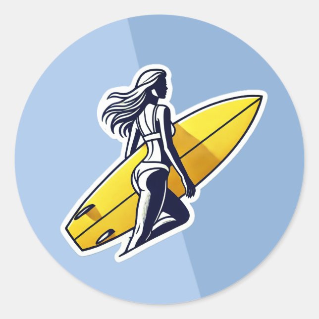 Surfer girl with Yellow Surfboard Classic Round Sticker (Front)