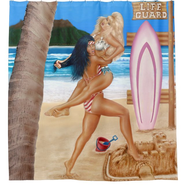 SURFER GIRLS CATFIGHT SHOWER CURTAIN (Front)
