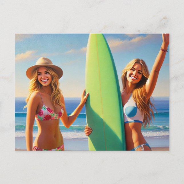 Surfer Girls with a Surfboard Postcard (Front)