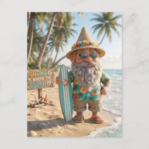 Surfer Gnome on Tropical Beach with Surfboard Postcard