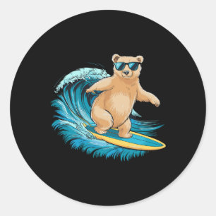 Surfer Grizzly Bear Beach Summer Surfboard Surfing Classic Round Sticker