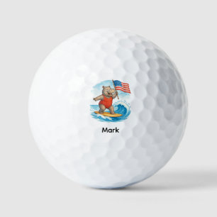 Surfer Hippo Surfing 4th July Independence Day Golf Balls