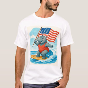 Surfer Hippo Surfing 4th July Independence Day T-Shirt