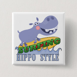 Surfer Hippopotamus 15 Cm Square Badge