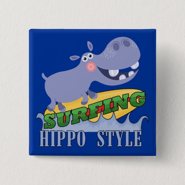 Surfer Hippopotamus 15 Cm Square Badge (Front)