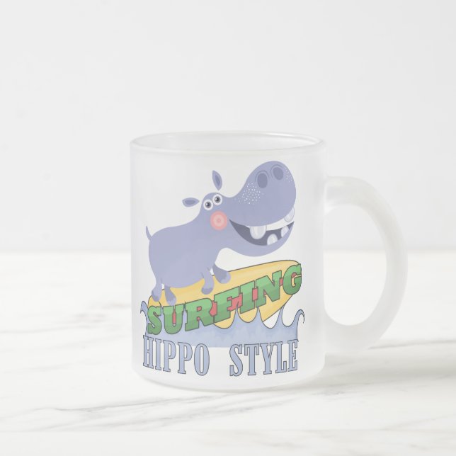Surfer Hippopotamus Frosted Glass Coffee Mug (Right)