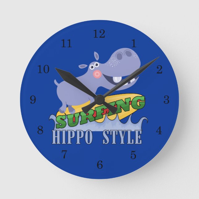 Surfer Hippopotamus Round Clock (Front)