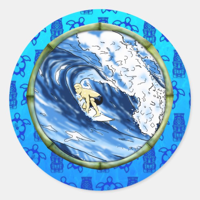 Surfer In Bamboo Circle Classic Round Sticker (Front)