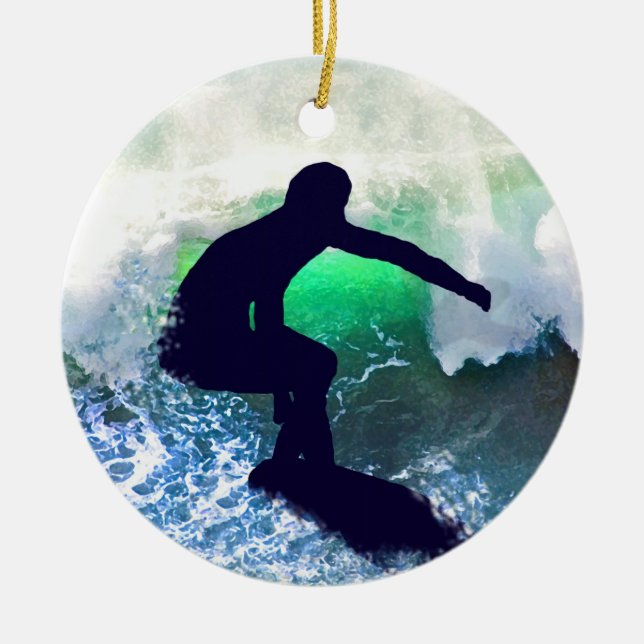 Surfer in Big Wave Ceramic Tree Decoration (Front)