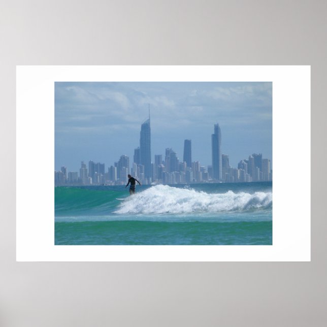 Surfer in front of the Skyscrapers Poster (Front)
