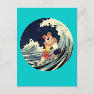 Surfer Lovers Kissing Vintage Illustration Postcard