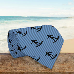 Surfer Motif - Guy on Surfboard on Blue Striped Tie