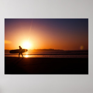 Surfer on Beach at Sunset Poster