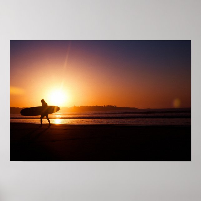 Surfer on Beach at Sunset Poster (Front)
