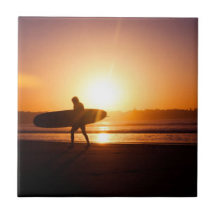Surfer on Beach at Sunset Tile