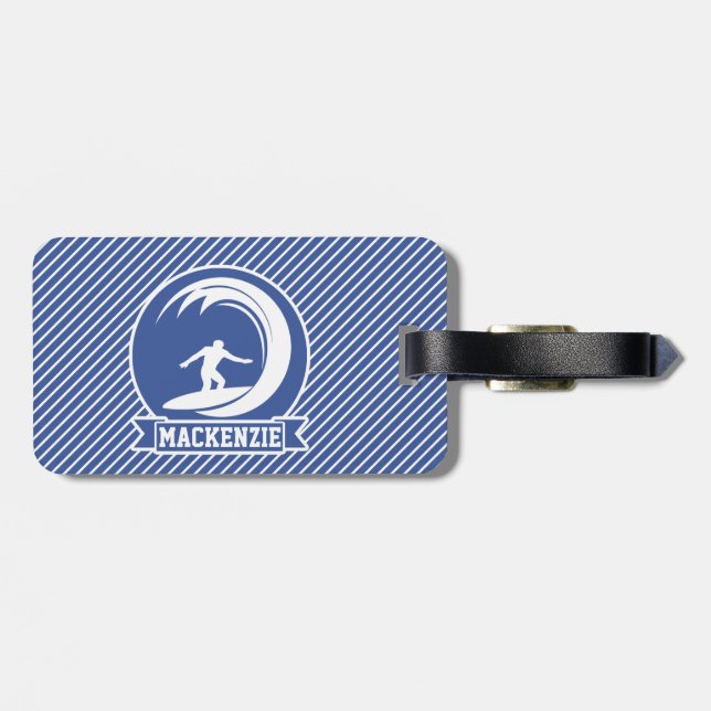 Surfer on Blue & White Stripes Luggage Tag (Back Horizontal)