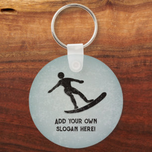 Surfer on Board, Distressed Metal Look, your text Key Ring