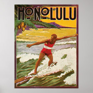 Surfer on Honolulu tropic beach, vintage travel Poster