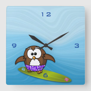 surfer owl square wall clock