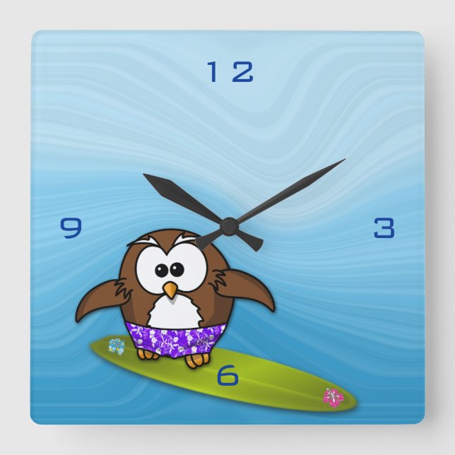 surfer owl square wall clock (Front)