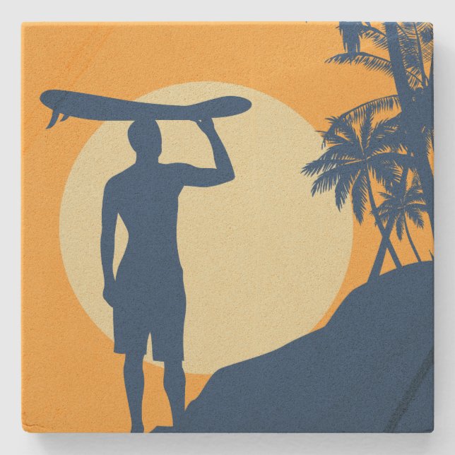Surfer, palm tree, cliff, sun, moon coaster (Front)