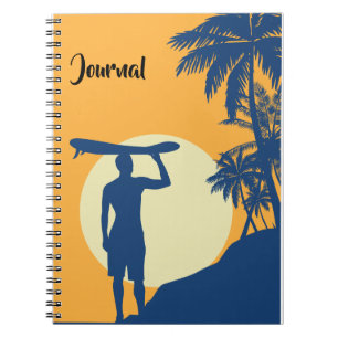 Surfer, palm tree, cliff, Sun, Moon, surfer Notebook