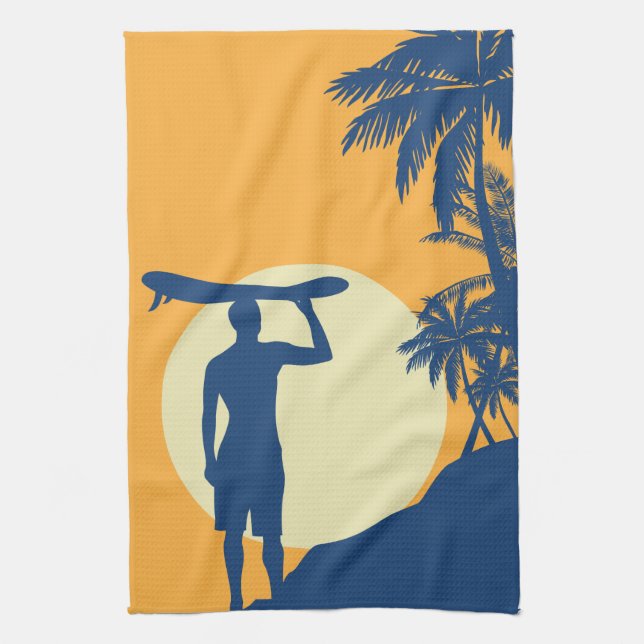 Surfer, palm tree, cliff, sun, surfer, kitchen tea towel (Vertical)