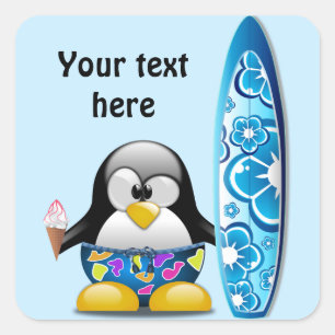 Surfer Penguin with Ice Cream Square Sticker
