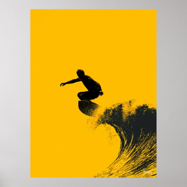 Surfer Poster – Black Silhouette on Yellow Wave (Front)
