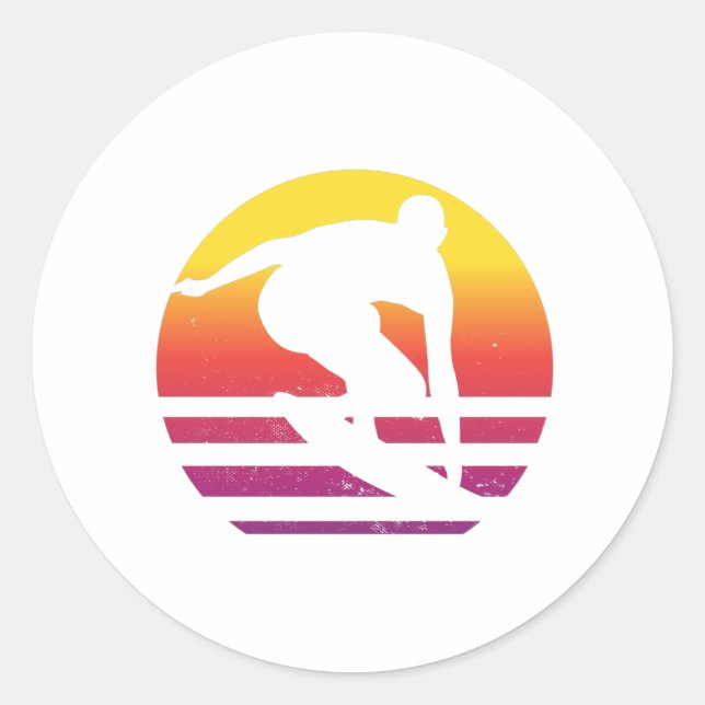 Surfer Retro Surfing Sunset Classic Round Sticker (Front)