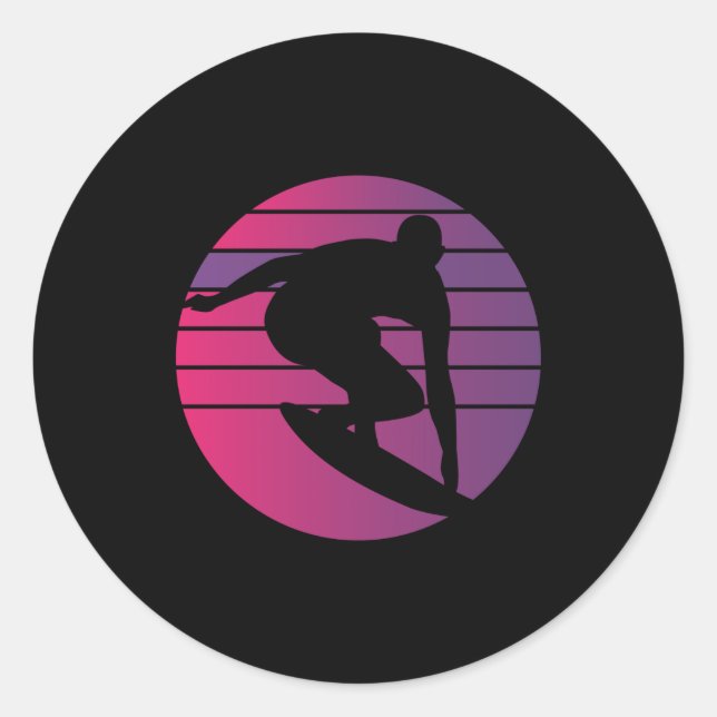 Surfer Retro Surfing Sunset Classic Round Sticker (Front)