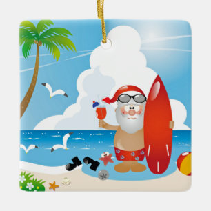 surfer santa claus ceramic ornament