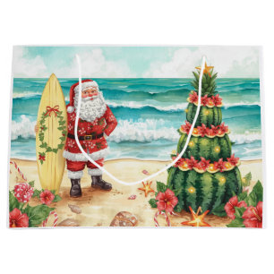 Surfer Santa Claus Surfing Christmas at the Beach  Large Gift Bag