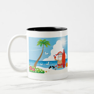 surfer santa claus Two-Tone coffee mug