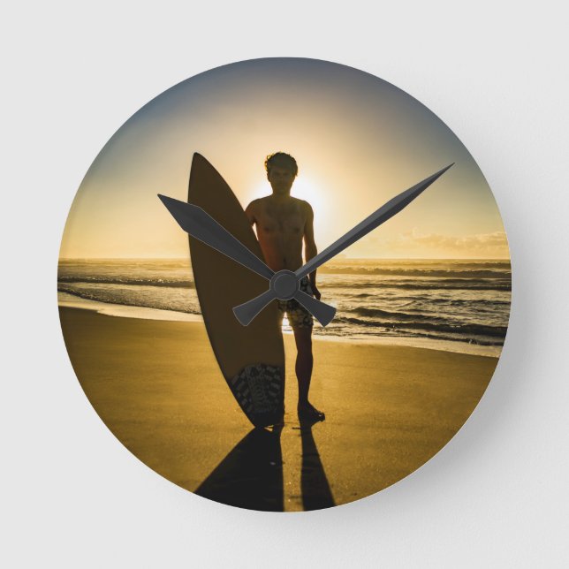 Surfer silhouette during sunrise round clock (Front)