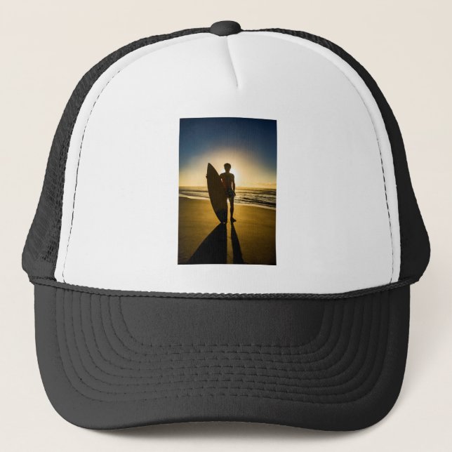 Surfer silhouette during sunrise trucker hat (Front)