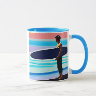 Surfer Standing on a Beach At Sunset Mug