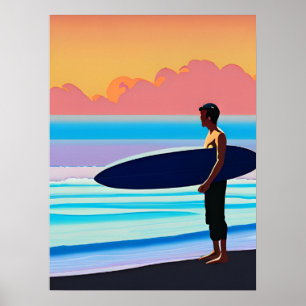Surfer Standing on a Beach At Sunset  Poster