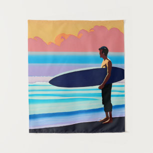 Surfer Standing on a Beach At Sunset  Tapestry