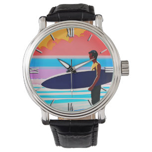 Surfer Standing on a Beach At Sunset Watch
