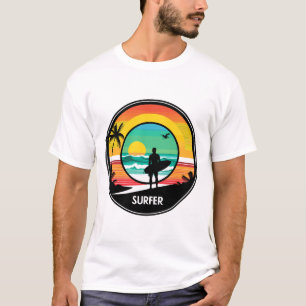 Surfer Sunset Beach Retro Circle Illustration T-Shirt